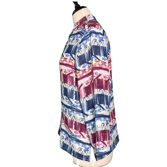 Alfred Dunner Blue Geometric Print Button Front Long Sleeve Top Women's Size 10P - Picture 3 of 4